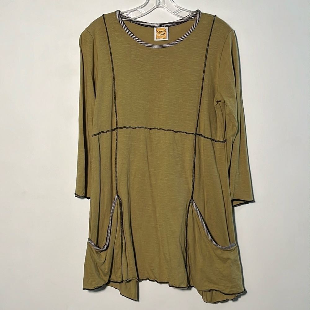 HAND JIVE Artsy Boho Chartreuse Fit & Flare Shark Bite 2 Pocket 3/4 SLV Top S